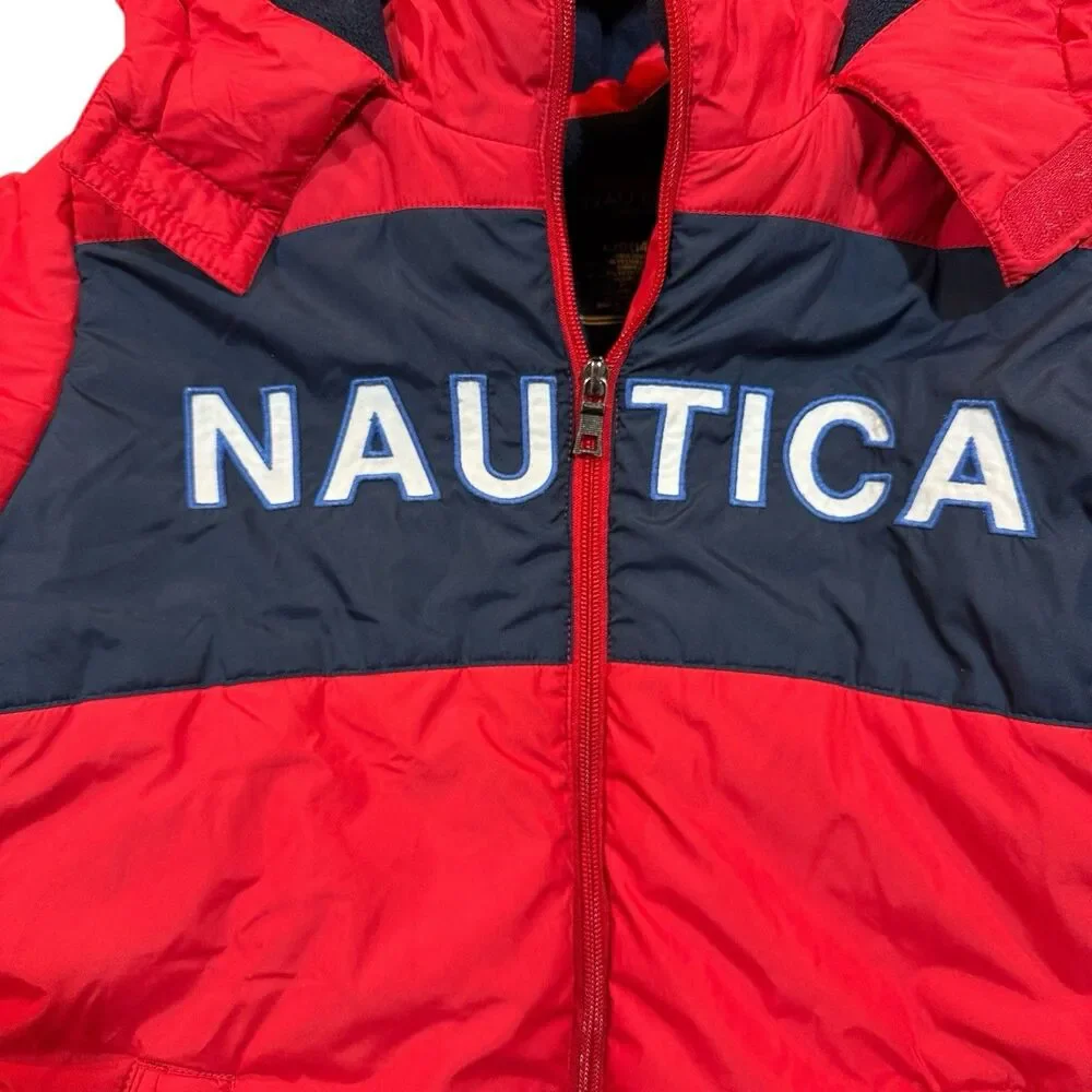 Nautica Kids Puffer Jacket Hooded Winter Coat Red Blue‎ Size L 12/14 Spell Out